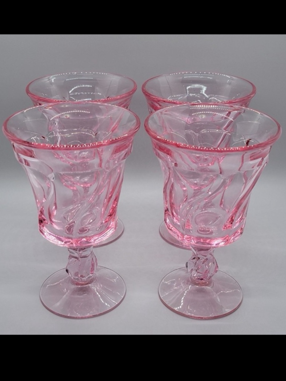Fostoria Jamestown Pink Swirl Goblets Set 4 UV Glow Vintage Wine Water Glasses